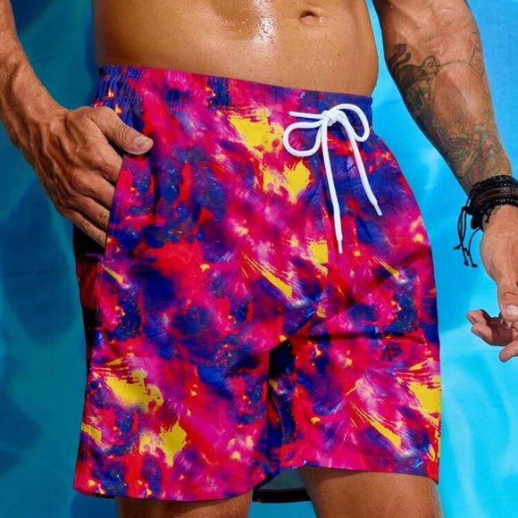 Swimmode Men's Tie-Dye Printed Drawstring Elastic Waist Loose Beach Shorts - Picture 2 of 4